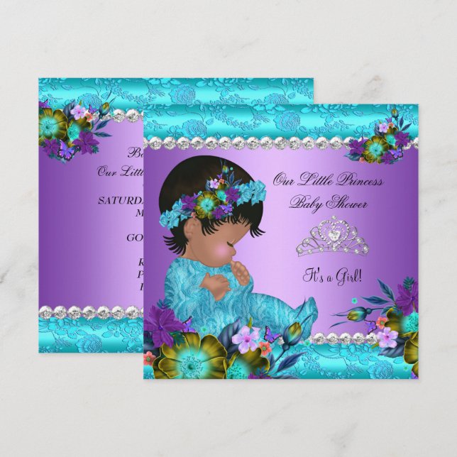 Invitation Princesse Baby shower Fille Turquoise Bleu pourpre (Devant / Derrière)