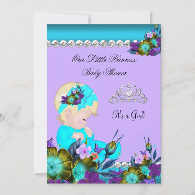 Invitation Princesse Baby shower fille Turquoise bleu pourpre (Devant)