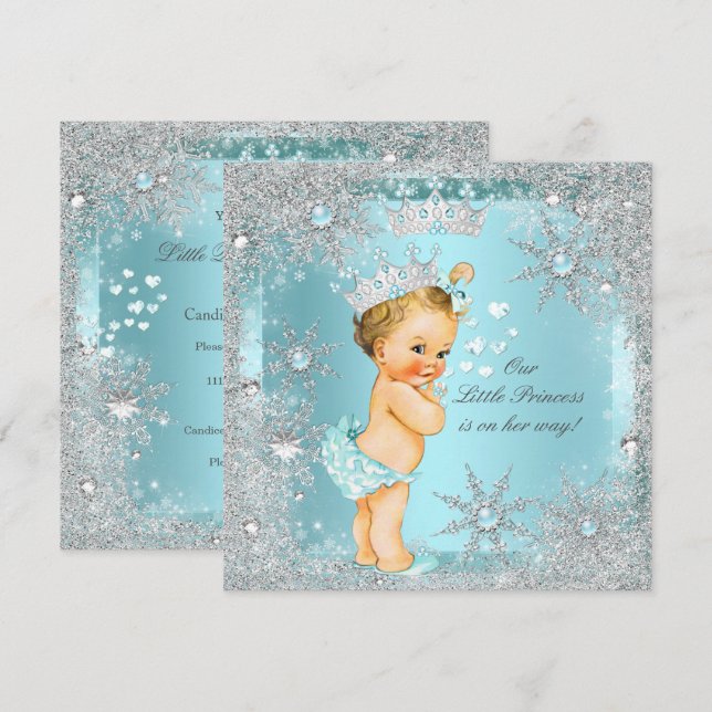 Invitation Princesse Baby shower fille Turquoise Coeurs bleus (Devant / Derrière)