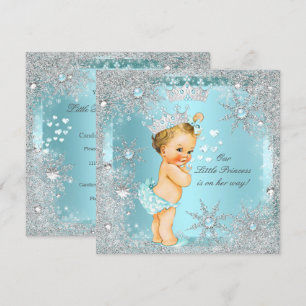 Invitation Princesse Baby shower fille Turquoise Coeurs bleus