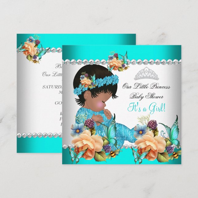 Invitation Princesse Baby shower Fille Turquoise Fleurs Bleue (Devant / Derrière)