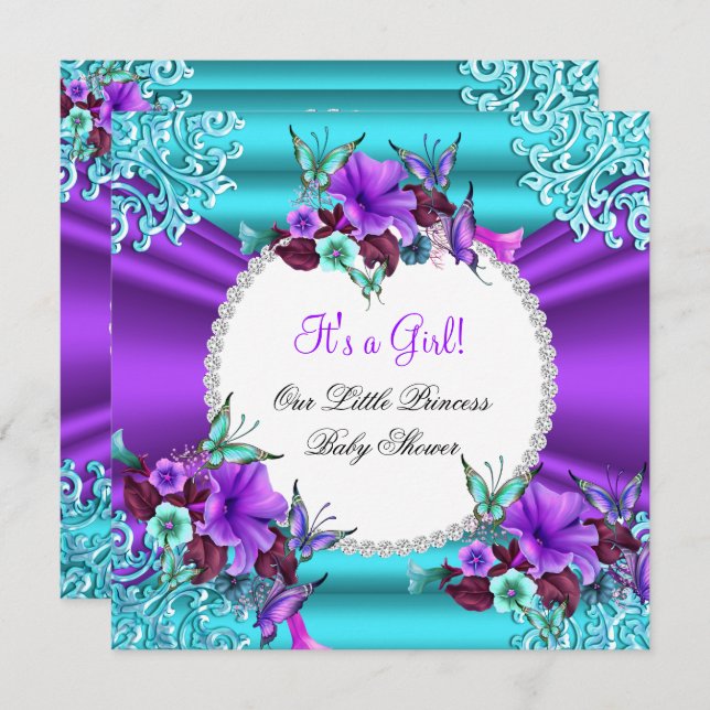 Invitation Princesse Baby shower Fille Turquoise violet Flora (Devant / Derrière)