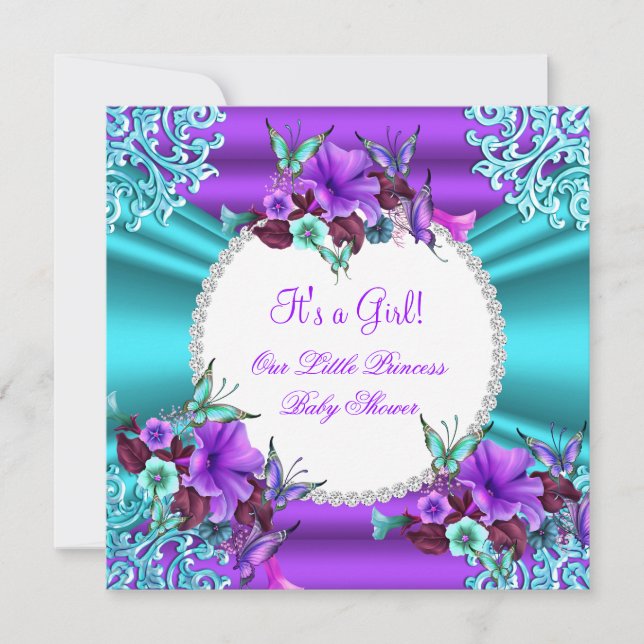 Invitation Princesse Baby shower Fille Turquoise violet Flora (Devant)