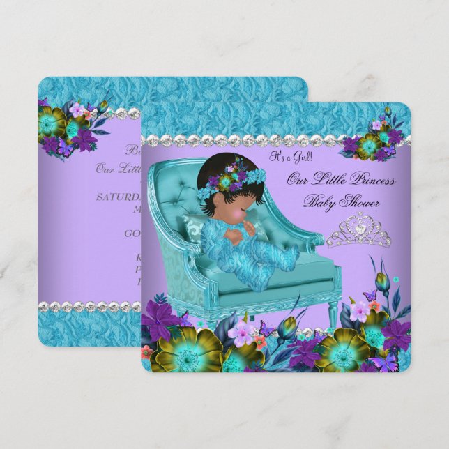 Invitation Princesse Baby shower Fille violet Turquoise Bleu  (Devant / Derrière)