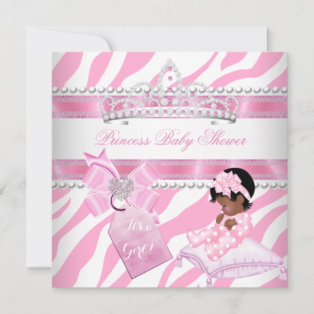 Invitation Princesse Baby shower fille Zebra blanc rose ethni (Devant)