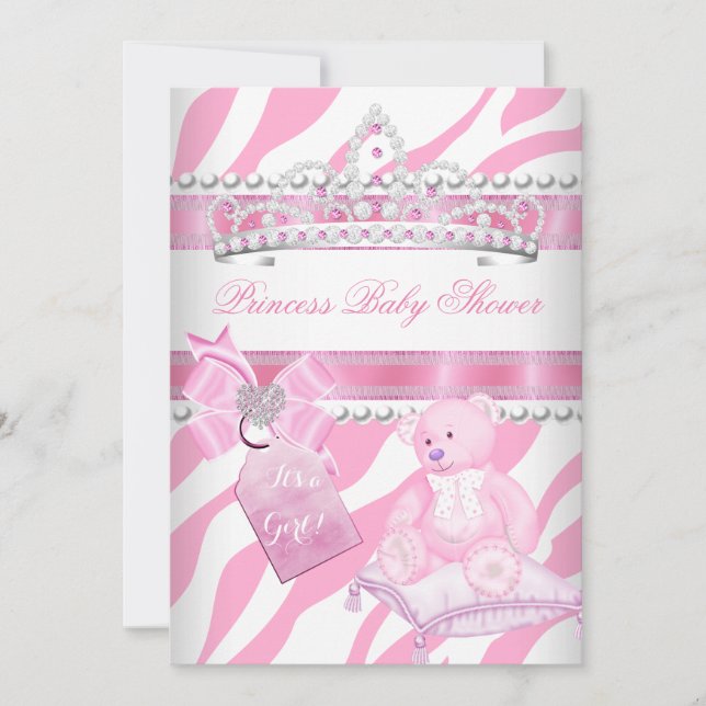 Invitation Princesse Baby shower fille Zèbre rose Ours blanc (Devant)