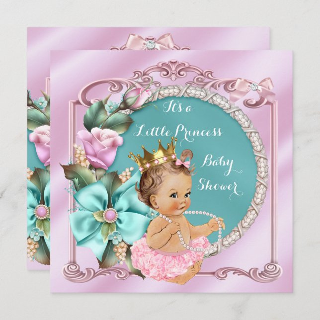 Invitation Princesse Baby shower Floral Turquoise rose Brunet (Devant / Derrière)