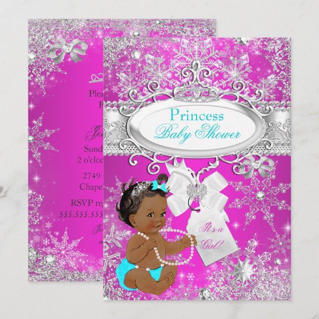 Invitation Princesse Baby shower Hot rose Aqua Ethnic (Devant / Derrière)