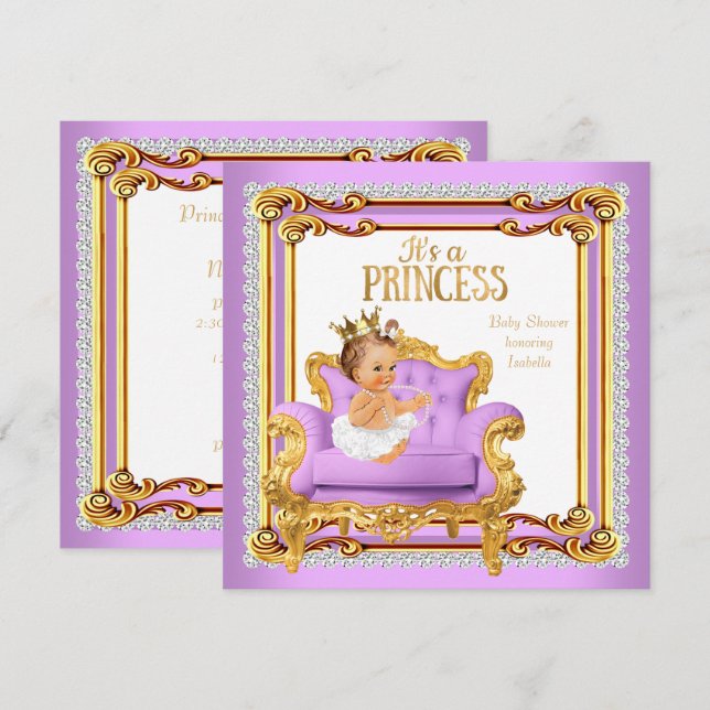 Invitation Princesse Baby shower Lilac Pink Gold Chaise (Devant / Derrière)