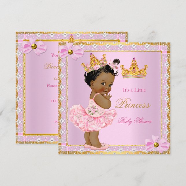Invitation Princesse Baby shower mignonne fille rose Golden E (Devant / Derrière)