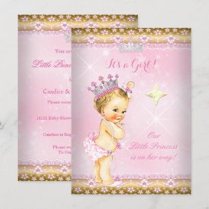 Invitation Princesse Baby shower Pink Gold Lace Tiara Blonde