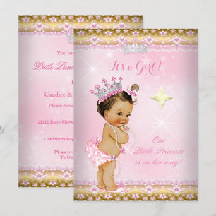 Invitation Princesse Baby shower Pink Gold Lace Tiara Brunett