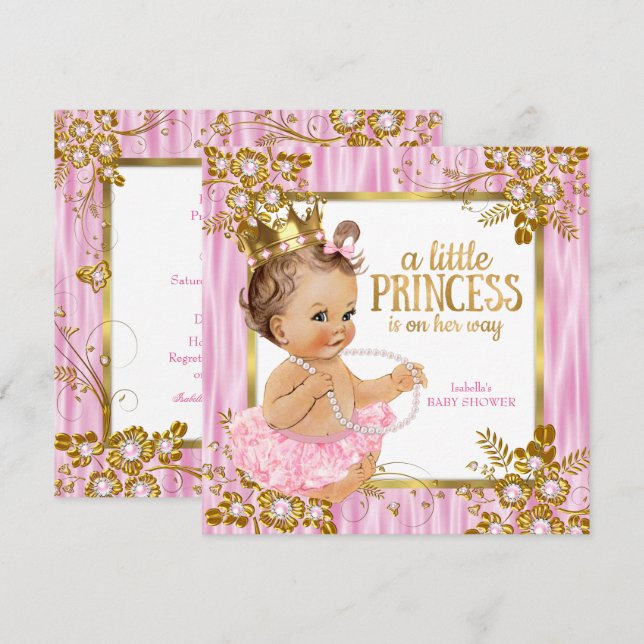 Invitation Princesse Baby shower Pink Silk Brunette Florale (Devant / Derrière)