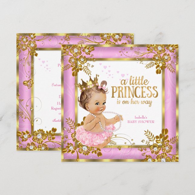 Invitation Princesse Baby shower Pink Tutu Floral Brunette (Devant / Derrière)