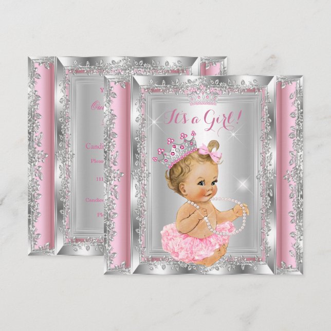 Invitation Princesse Baby shower rose Argent Tutu Blonde (Devant / Derrière)