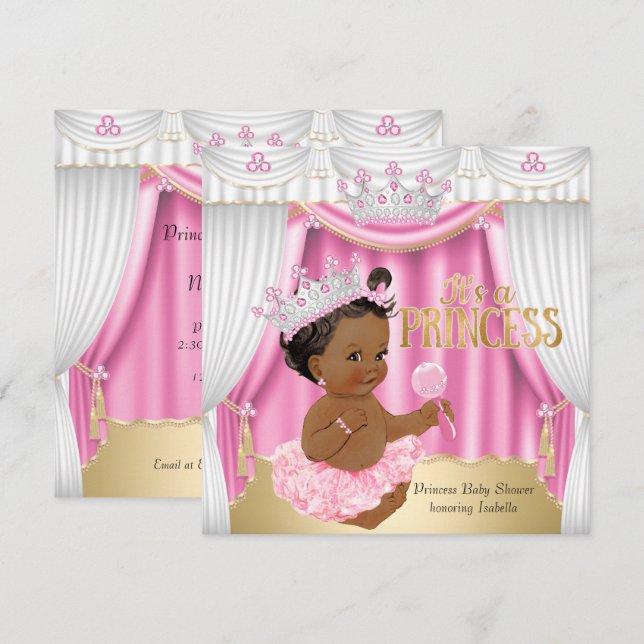 Invitation Princesse Baby shower Rose Blanc Gem Gold Ethnic (Devant / Derrière)