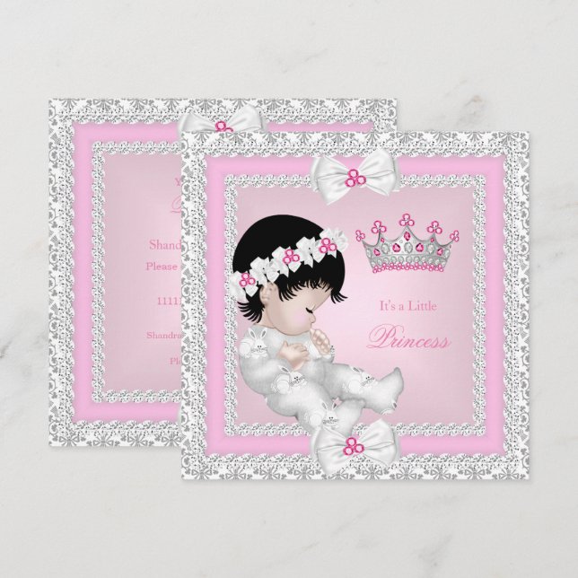 Invitation Princesse Baby shower Rose Blanc Gris Damas B (Devant / Derrière)