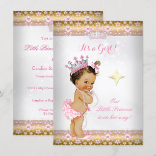 Invitation Princesse Baby shower Rose Blanc Or Tiara Brunett