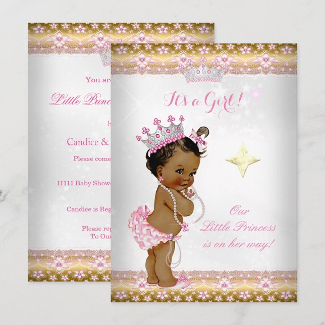 Invitation Princesse Baby shower Rose Blanc Or Tiara Ethnic (Devant / Derrière)