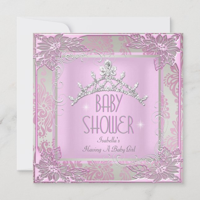 Invitation Princesse Baby shower rose Fille bébé Tiara Damask (Devant)