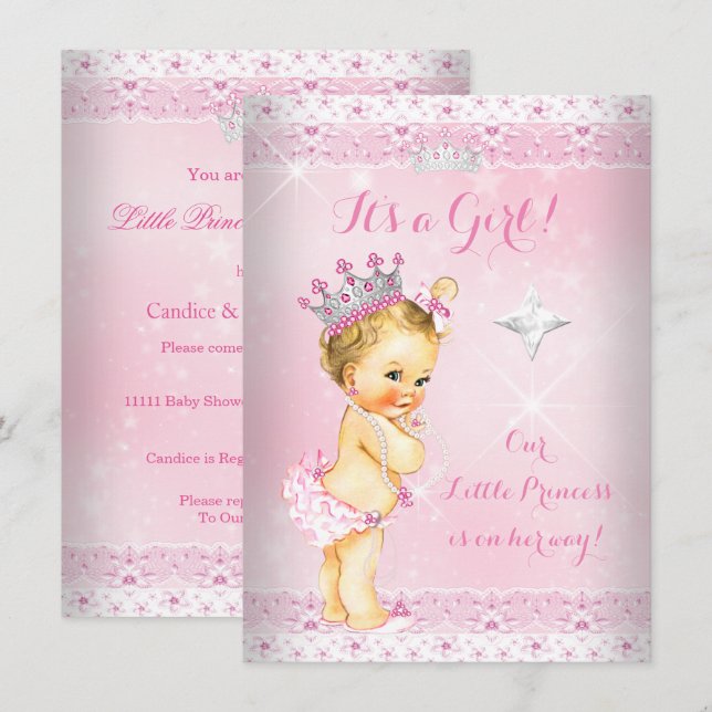 Invitation Princesse Baby shower Rose Lace Tiara Blonde (Devant / Derrière)