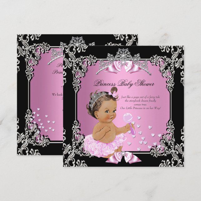 Invitation Princesse Baby shower Rose Noir Tutu Brunette (Devant / Derrière)