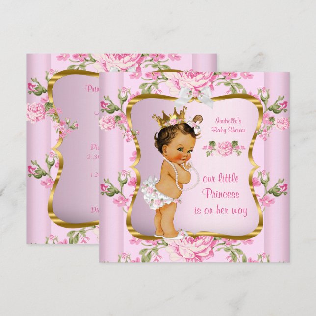 Invitation Princesse Baby shower Rose Or Floral Brunette (Devant / Derrière)