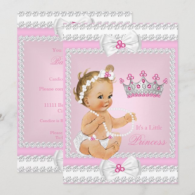Invitation Princesse Baby shower rose perles blanches Bows Bl (Devant / Derrière)