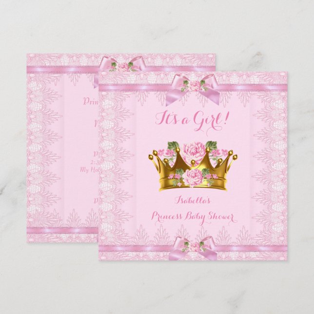 Invitation Princesse Baby shower Rose Rose Lace Bow (Devant / Derrière)