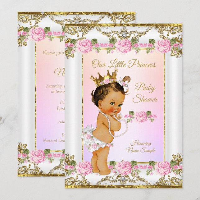 Invitation Princesse Baby shower Rose Rose Or Blanc Brunette (Devant / Derrière)