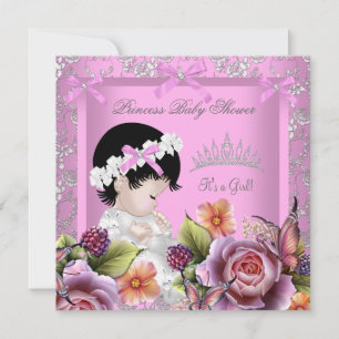 Invitation Princesse Baby shower Rose Rose Tiara Damask
