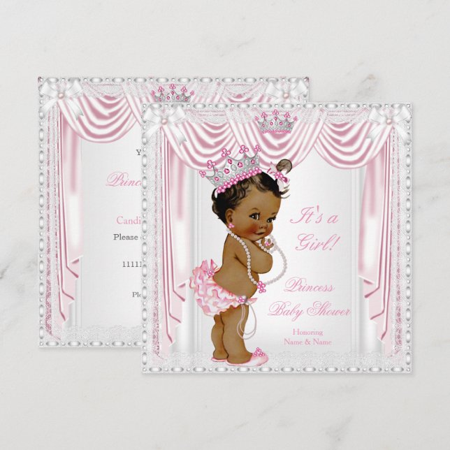 Invitation Princesse Baby shower Rose Satin dentelle foncée P (Devant / Derrière)