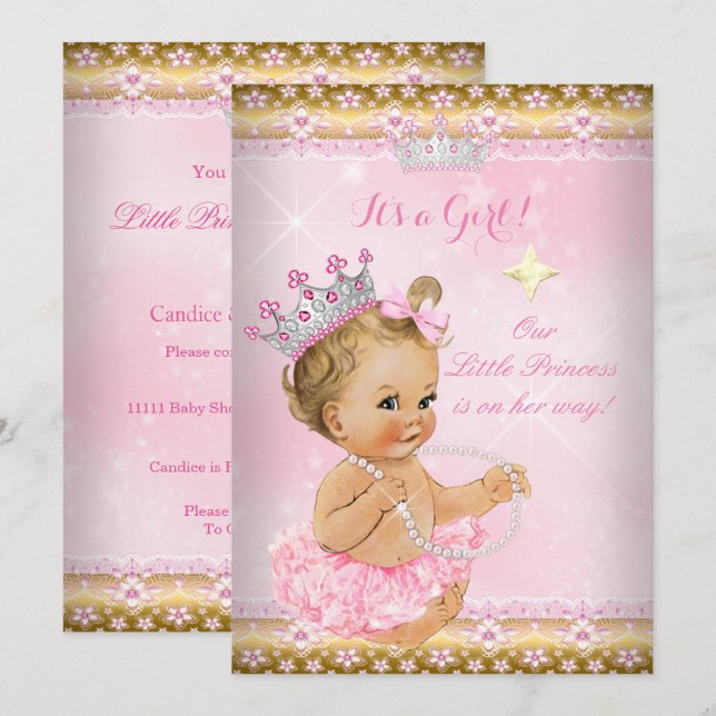 Invitation Princesse Baby shower rose Tutu Gold Tiara Blonde (Devant / Derrière)