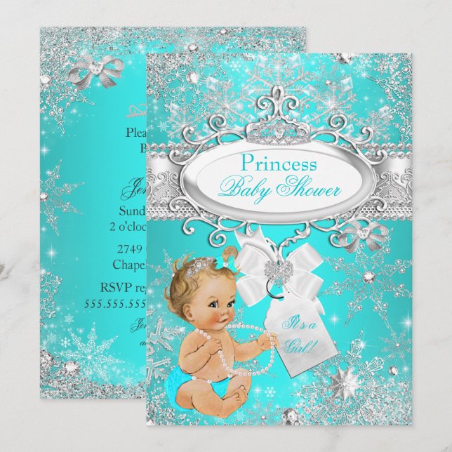 Invitation Princesse Baby shower Snowflakes Aqua Blonde (Devant / Derrière)