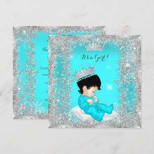 Invitation Princesse Baby shower Turquoise Bleu Argent Brunet