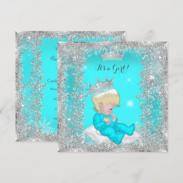 Invitation Princesse Baby shower Turquoise Blonde d'argent (Devant / Derrière)