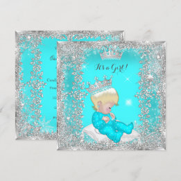 Invitation Princesse Baby shower Turquoise Blonde d'argent