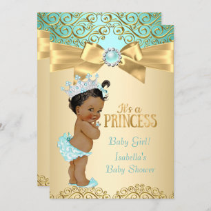 Invitation Princesse Baby shower Turquoise Gold Damask Ethnic