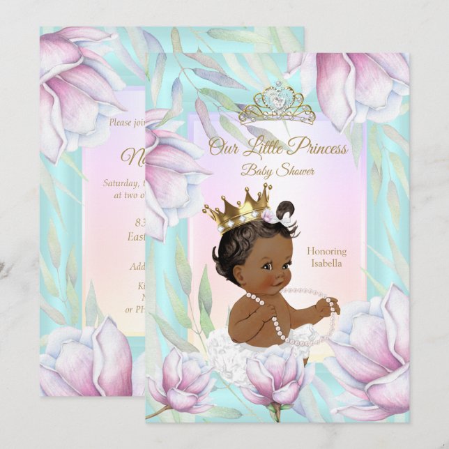 Invitation Princesse Baby shower Turquoise rose Lilac Floral  (Devant / Derrière)