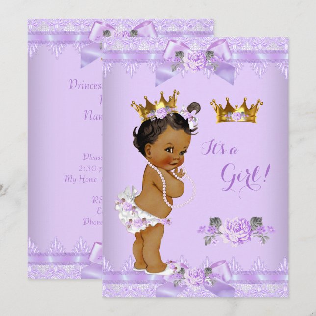 Invitation Princesse Baby shower Violet Rose Dentelle ethniqu (Devant / Derrière)