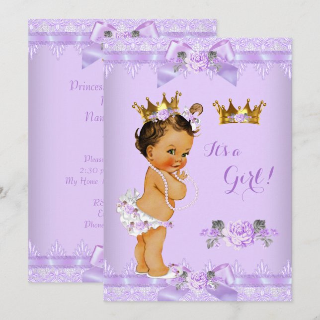 Invitation Princesse Baby shower violet Rose Lace Brunette (Devant / Derrière)