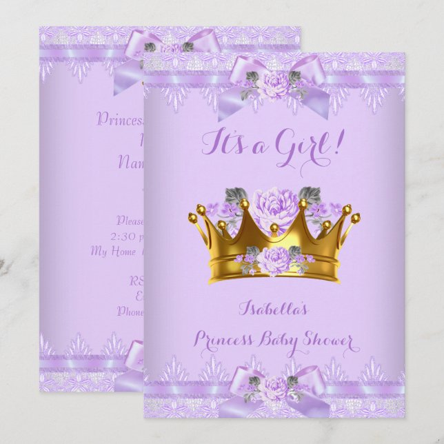 Invitation Princesse Baby shower Violet Rose Lavande Dentelle (Devant / Derrière)