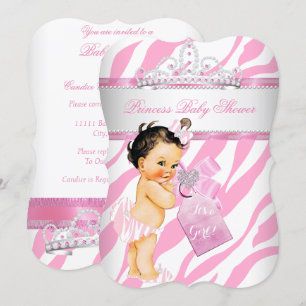 Invitation Princesse Baby shower Zebra Rose Brunette Girl