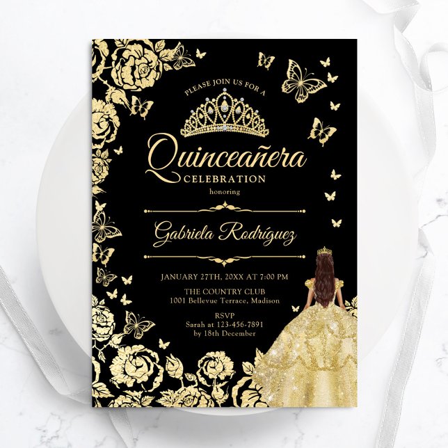 Invitation Princesse Black Gold Gown Quinceanera (Créateur téléchargé)