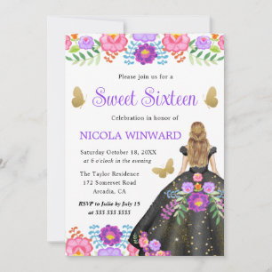 Invitation Princesse blonde robe florale mexicaine Sweet 16