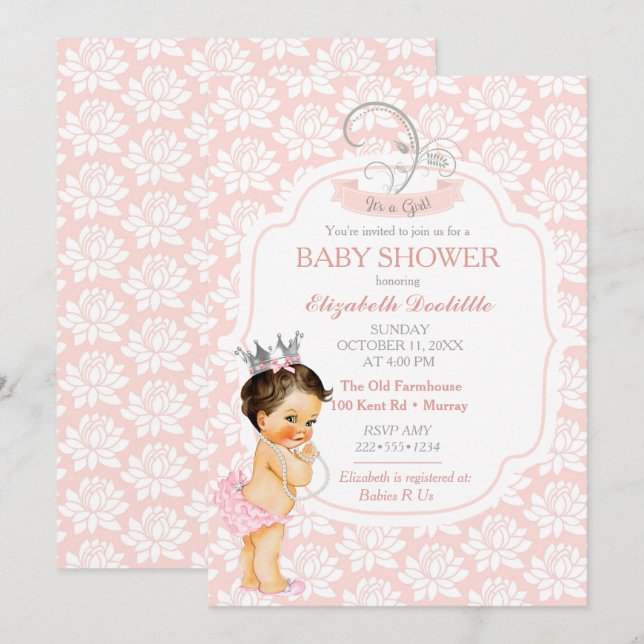 Invitation Princesse Blush Rose et Argent Baby Girl (Devant / Derrière)