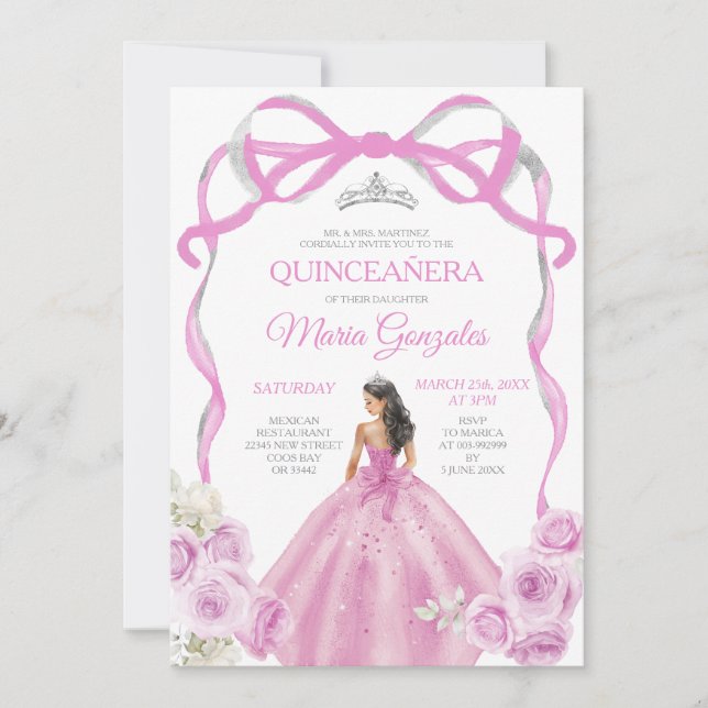 Invitation Princesse Bow Rose Doux Couronne argent Quinceañer (Devant)