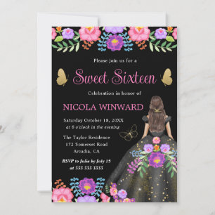 Invitation Princesse Brune Robe Florale Mexicaine Sweet 16