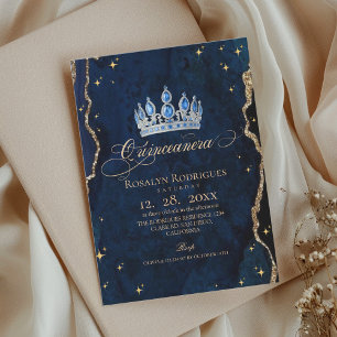 Invitation  Princesse Céleste Quinceanera Bleu Or Étoiles
