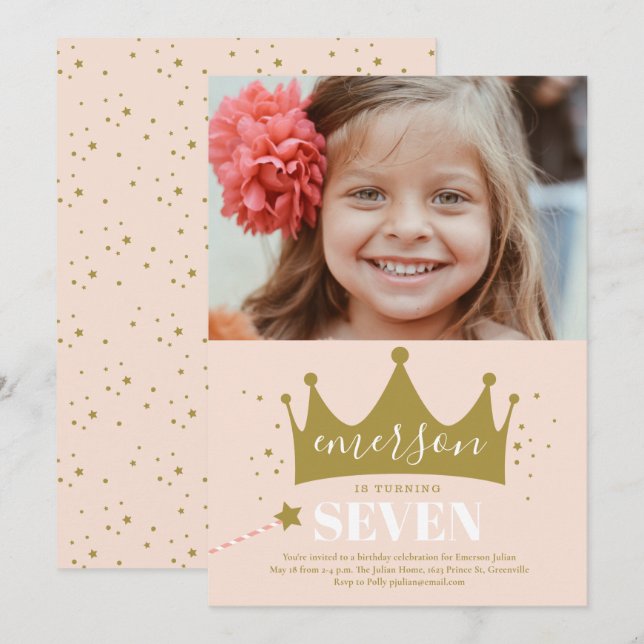 Invitation Princesse couronne filles photo fête d'anniversair (Devant / Derrière)